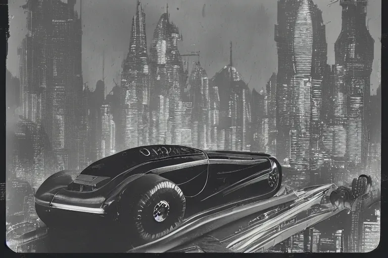 Prompt: cyberpunk 1 9 2 6 bugatti type 3 5 by paul lehr, jesper esjing, metropolis, view over city, vintage film photo, damaged photo, scratched photo, scanned in, old photobook, silent movie, black and white photo