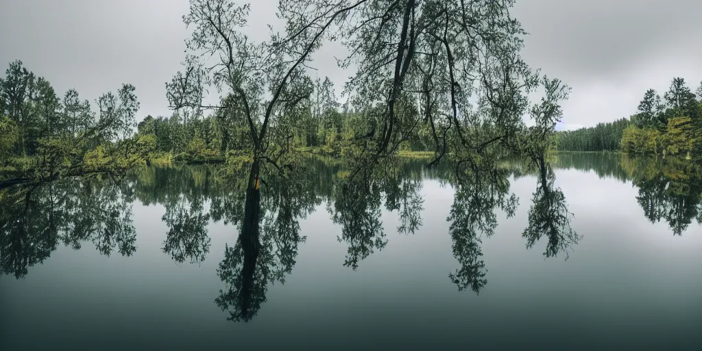 Image similar to centered photograph of a long rope snaking directly on the surface of the water, dark lake on a cloudy day, color film, trees in the background, hyper detailed photo, anamorphic lens