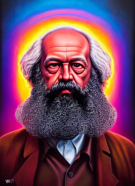 Prompt: portrait ultra dimensional karl marx entity, accidentally tripping on dmt and acid, psychedelic experience, overwhelming psychosis of self realization and burning awakening, ultra high definition, unreal engine 5, hyperrealism, masterpiece composition, by casey weldon, barclay shaw 8 k photorealistic