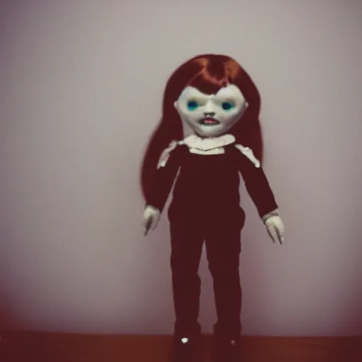 Image similar to fujifilm superia photo of a scary doll in empty office room, liminal, gloomy, grainy