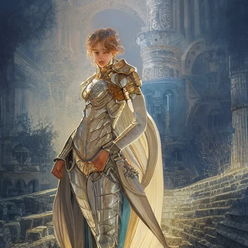 Image similar to portrait knights of Zodiac girl, silver and metalic blue color reflected armor, in ruined Agora of Athens, ssci-fi, fantasy, intricate, very very beautiful, elegant, golden light, highly detailed, digital painting, artstation, concept art, smooth, sharp focus, illustration, art by tian zi and WLOP and alphonse mucha