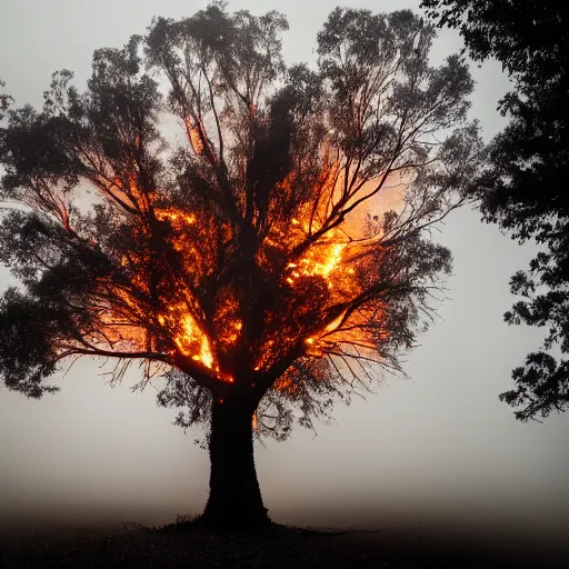 Image similar to photo of a tree with fire surrounding, scary, grey fog, dark sky