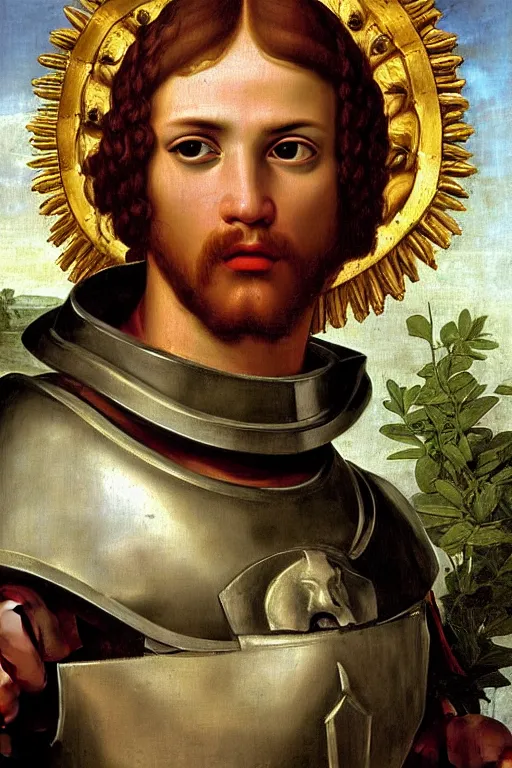 Image similar to renaissance painting of spartan, portrait, face closeup, emotions closeup, dressed in spartan armour, the beautiful garden with liliac bush everywhere, ultra detailed, art by guido reni style, vincenzo catena style