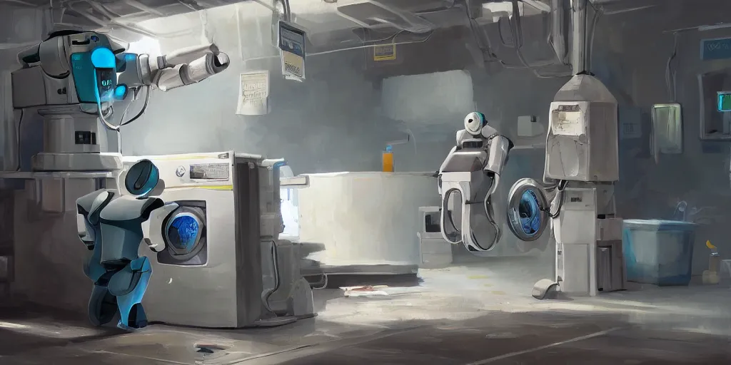 Prompt: detailed painting of a robot doing laundry, artstation