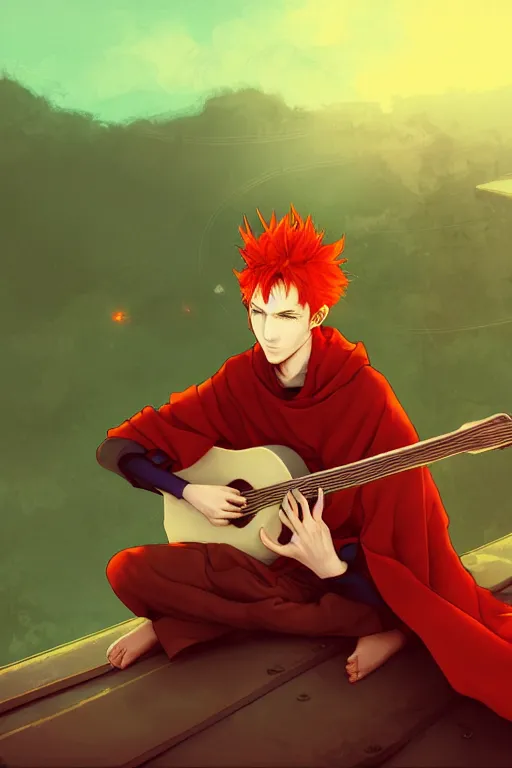 Image similar to dreamy red haired man character with a guitar in his hand, sitting on a roof top in a nice green cloak, very artistic pose, background in blurred, perfect lighting. professional design. great composition, illustration, highly detailed, digital painting, concept art, trending on artstation, by katsuya terada