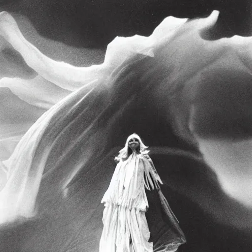 Prompt: 1 9 7 0's artistic western movie, a woman in a giant billowy wide flowing waving dress made out of white smoke, standing inside a dark western rocky scenic landscape, volumetric lighting