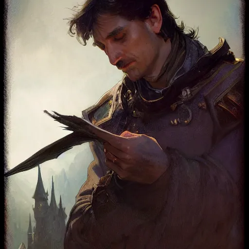 Image similar to closeup portrait of an artificer, male, dark hair, wizard, serious face, dungeons and dragons character, dramatic lighting, castle background, gorgeous view, realistic, high detail, digital art, painted by greg rutkowski, painted by jeremy mann, painted by alphonse mucha, trending on artstation