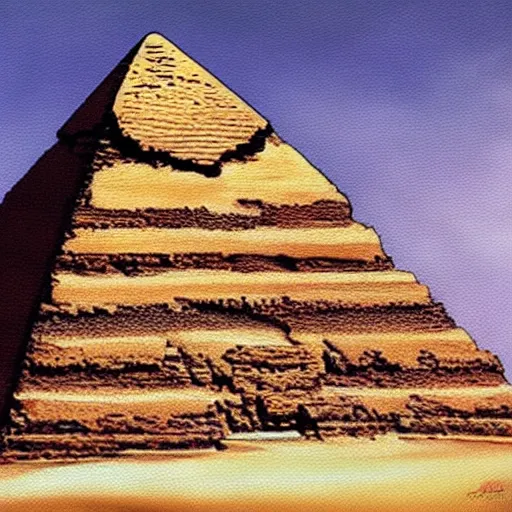 Image similar to oil on canvas of egyptian god beautiful majestic. realistic. beautiful. mysterious. intricately detailed. meticulously rendered.. pyramid. epic. 8 k hd. trending on art station. h 7 6 8