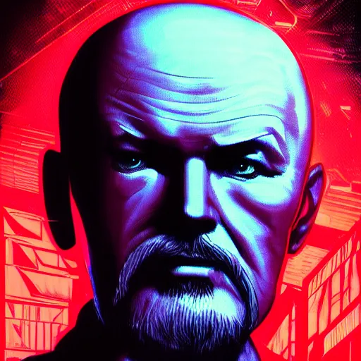 Image similar to cyberpunk vladimir lenin as the leader of a futuristic communist society, cybernetics, sharp lines, digital, artstation, colored in