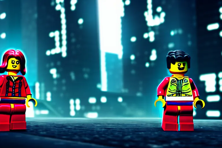 Image similar to a lego girl in a cyberpunk city. super realistic 8 k render of a elegant, cinematic composition