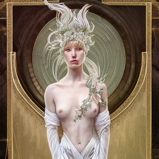 Prompt: a photograpic portrait of a anthropomorphic mimosa wearing white clothes, fantasy, intricate, elegant, highly detailed, digital painting, artstation, concept art, smooth, sharp focus, illustration, art by artgerm and H R Giger and alphonse mucha
