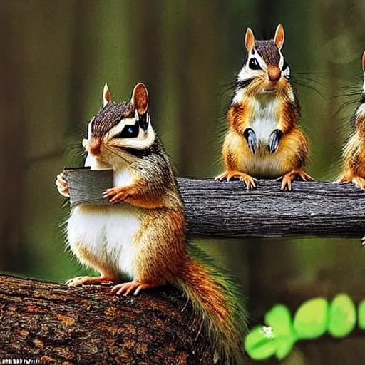 Prompt: chipmunks having a secret birthday party on a log in the woods, 8 k, national geographic photo,