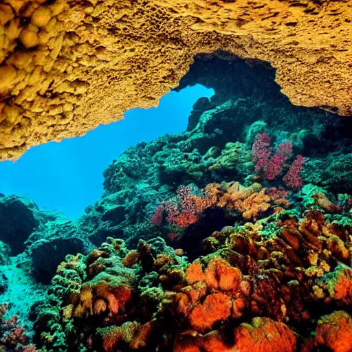 Prompt: inside a cave with a coral reef, photo