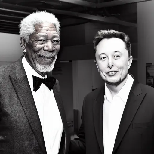 Image similar to morgan freeman shaking hands with elon musk, grayscale photography, black and white