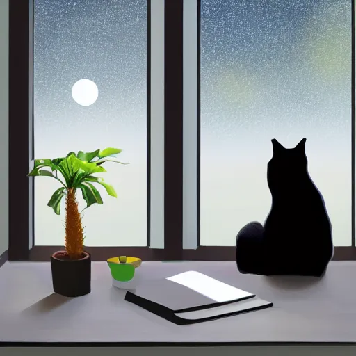 Image similar to peaceful dreamy painting of a young woman sitting at a desk with a black cat, sunshine coming through the window, small plants on the window sill, 4k resolution, highly detailed