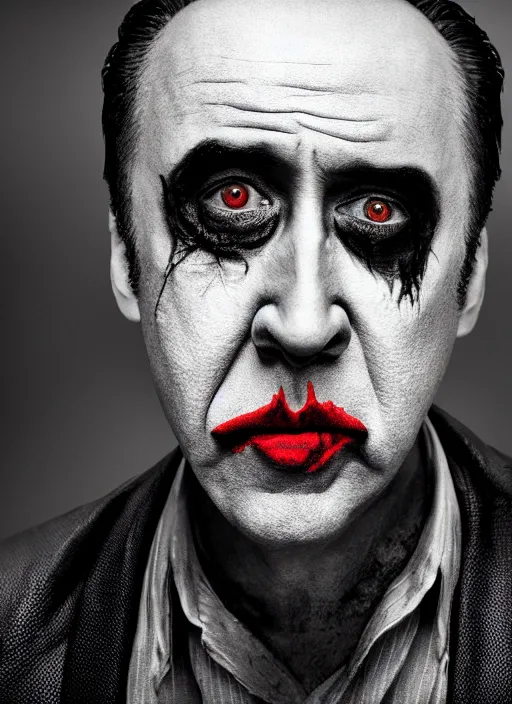 Image similar to photo of a 40-year-old Nicolas Cage (2021) as the Joker by Lee Jeffries, smiling, detailed, award winning, Sony a7R