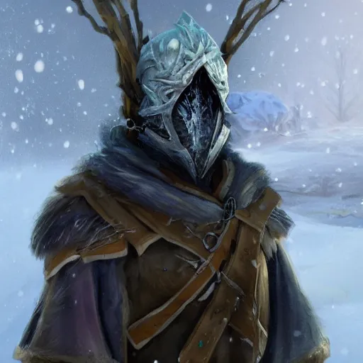 Image similar to a fantasy snow bandit from ‘ icewind dale ’ with mask, frost gem, ‘ icewind dale 2 ’ profile portrait by ‘ justin sweet ’, falling snow, soft focus, illustration, oil paint, artstation