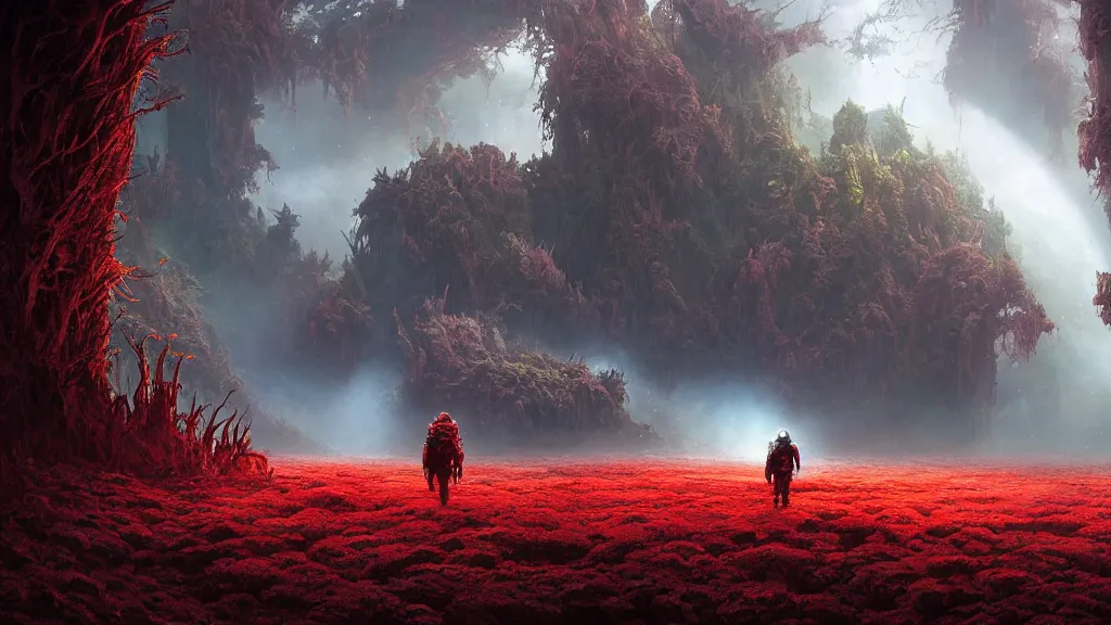 Image similar to dramatic Photorealistic dramatic Landscape Matte painting,Looking through deep inside an Alien planets dense red forest,a lone astronaut in a white spacesuit with lights is exploring hundreds of tall gigantic monster carnivorous Red Venus Flytrap plants with razor sharp teeth and glowing bulbs,translucent wet and slimy plant life by Greg Rutkowski,Craig Mullins,Fenghua Zhong,a misty haze,Beautiful dramatic moody nighttime lighting,Cinematic Atmosphere, Volumetric Lighting,Terragen,Octane Render,8k