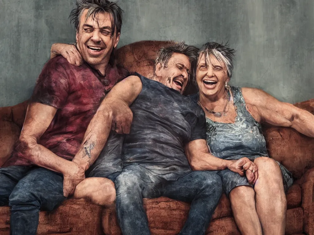 Image similar to extremely detailed digital painting of till lindemann sits on the couch with grandmother both laughing by handoga, stunning scene, 4 k, realism, bright colors, trending on artstation