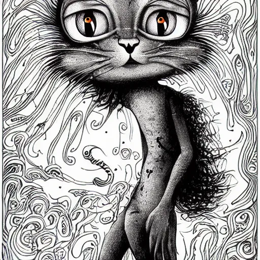 Image similar to grunge cartoon vector sketch of a human mixed with a cat by - zdzisław Beksiński, loony toons style, horror theme, detailed, elegant, intricate