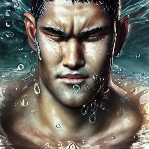 Image similar to photorealistic shockingly amazing portrait of guts from berserk submerged in water extremely detailed, made by wlop and maxwell boas