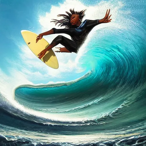 Prompt: a wide angle dynamic action photo of a black man with dreadlocks surfing an opal barrel wave, by clark little and rhads in a surreal style, concept art by artgerm, ( wave porn ), highly detailed, infinite intricacy fractal, sunset