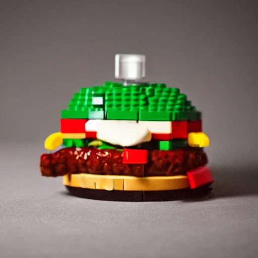 Image similar to a LEGO hamburger, photograph in a dark room, low light 35mm