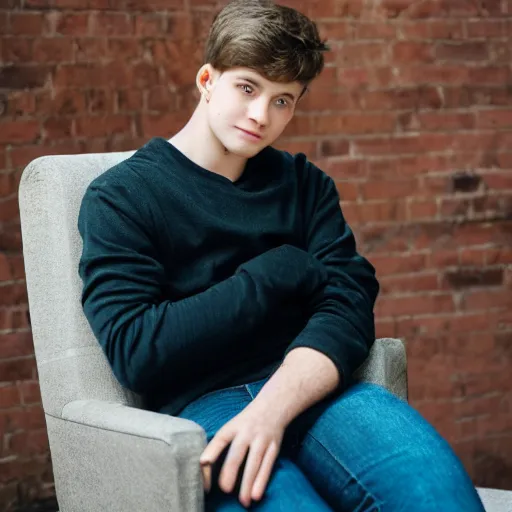 Prompt: full body photo of young man sitting on chair, perfect face, fine details, bokeh