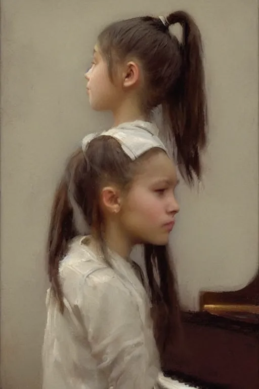 Image similar to “ little girl, pigtails hairstyle, practicing at the piano, jeremy lipking, casey baugh ”