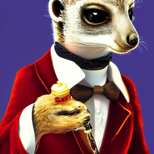 Image similar to Portrait of a meerkat in a red velvet suit with a tobacco pipe and monocle, elegant, fantasy, 8k, artstation, very high detail, photorealistic, sharp focus, illustration, concept art, volumetric lighting