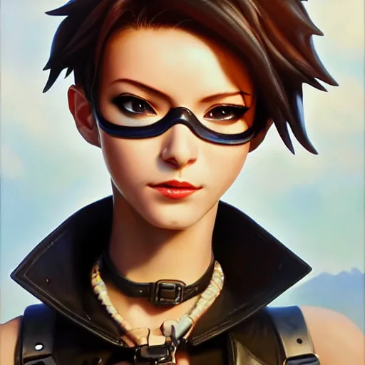 Image similar to oil painting of tracer overwatch in a field, in style of mark arian, expressive face, very detailed face, wearing black leather choker, very detailed eyes, full body, feminine face, detailed makeup on eyes,
