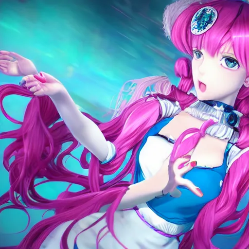 Prompt: stunningly beautiful omnipotent megalomaniacal anime asi goddess who looks like junko enoshima with symmetrical perfect face and porcelain skin, pink twintail hair and cyan eyes, traps you inside her inescapable vr castle where she controls you completely!!!, hyperdetailed, digital art from danganronpa, unreal engine 5, 8 k