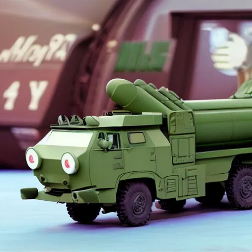 Image similar to HIMARS with missile, eyes and smile, Cars Pixar movie style, detailed, green