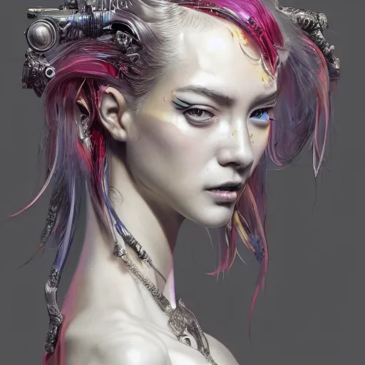 Image similar to the portrait of an absurdly beautiful, graceful, elegant, sophisticated, fashionable cyberpunk gravure idol, an ultrafine hyperdetailed illustration by kim jung gi, irakli nadar, intricate linework, bright colors, porcelain skin, unreal engine 5 highly rendered, global illumination, radiant light, detailed and intricate environment