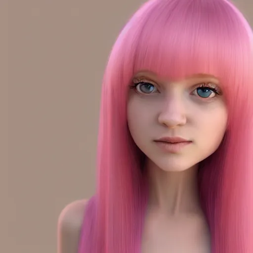Image similar to A portrait of a 3d cgi toon young woman with long pink hair, full bangs, amber eyes, pale skin, Chinese, medium shot, mid-shot, soft focus, 4k, trending on artstation