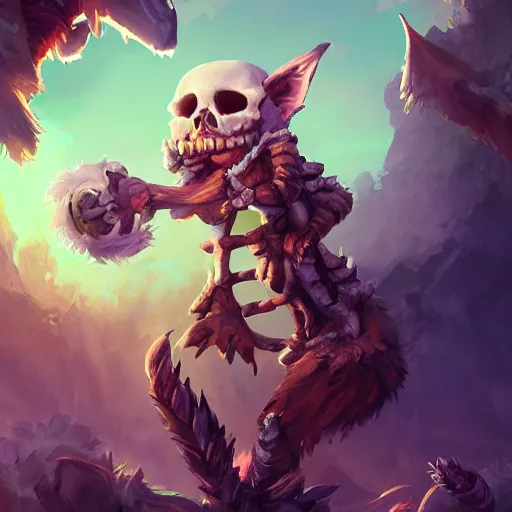 Image similar to cute fluffy animal skeleton creatures. hearthstone animal creatures, graveyard background, bright art masterpiece artstation. 8k, sharp high quality artwork in style of Jose Daniel Cabrera Pena and Greg Rutkowski, violet theme, concept art by Tooth Wu, hearthstone card game artwork