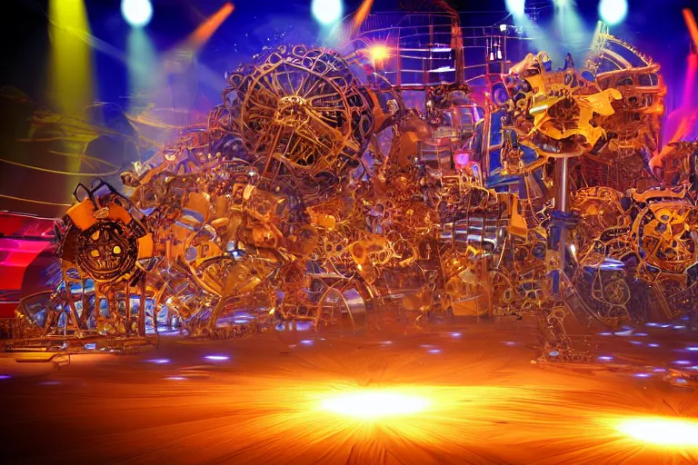 Image similar to stage from the show america got talent, on stage are 4 golden and blue metal humanoid steampunk robots falling apart, robots are wearing gears and tubes falling apart, eyes are glowing red lightbulbs, shiny crisp finish, 3 d render, 8 k, insaneley detailed, fluorescent colors, nightlight