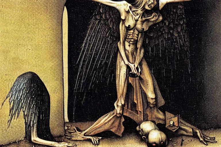 Image similar to fallen angel begs to enter the gates of hell by les edwards and hieronymus bosch