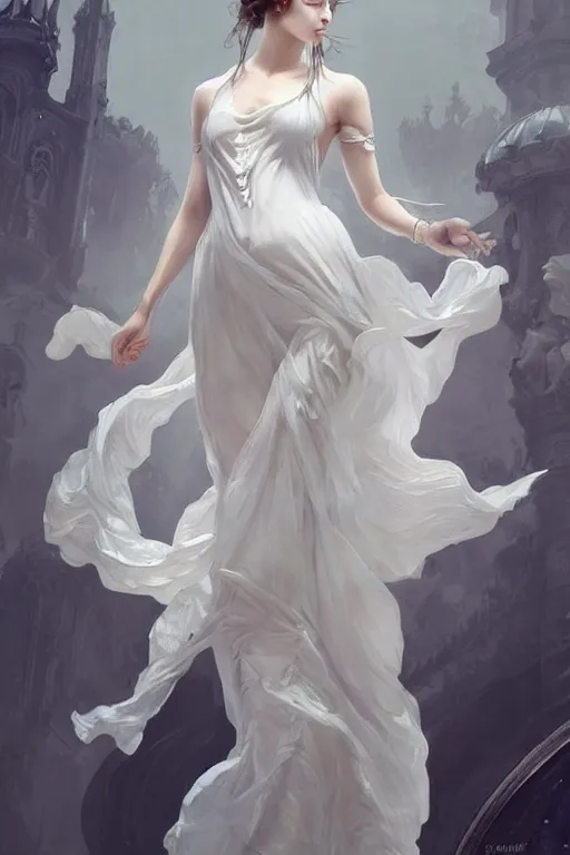 Image similar to beautiful woman dressed in a vaporous wrapped large victorian white roses silk semi-transparent dress fashion is running, D&D, fantasy, intricate, elegant, highly detailed, digital painting, trending on artstation, concept art, matte, sharp focus, illustration, art by Artgerm and Greg Rutkowski and Alphonse Mucha, instagram model