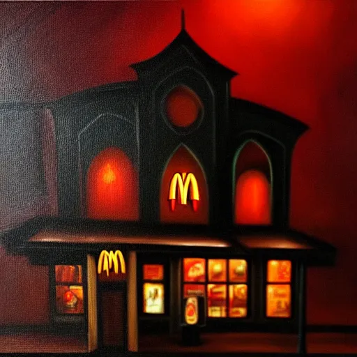 Prompt: dark, gothic, vampire, mcdonalds restaurant, oil painting