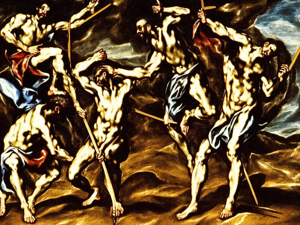 Prompt: detailed painting Cain stabs Abel with a spear by El Greco, mythological, oil painting