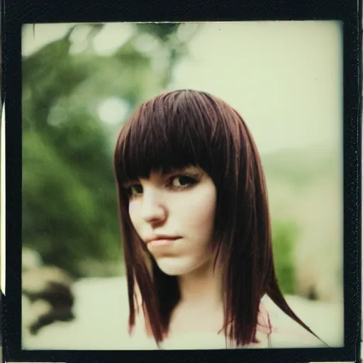 Prompt: polaroid photograph of emo girl, long hair and bangs