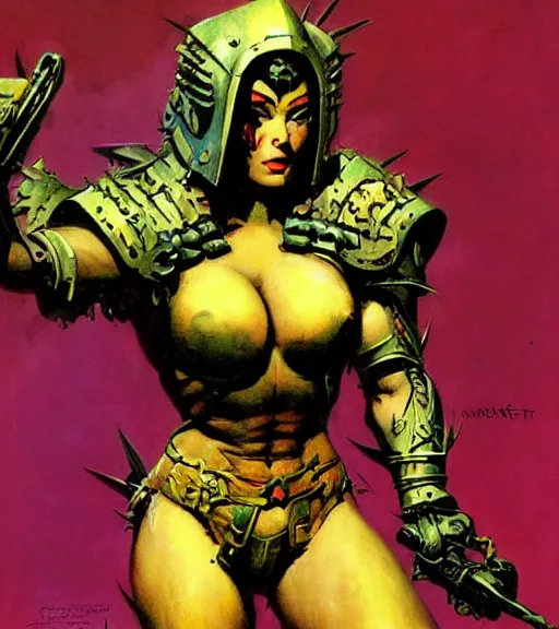 Image similar to portrait of strong female chaos angel, beautiful! coherent! by frank frazetta, by brom, strong line, vivid neon color, spiked scrap metal armor, iron helm maximalist