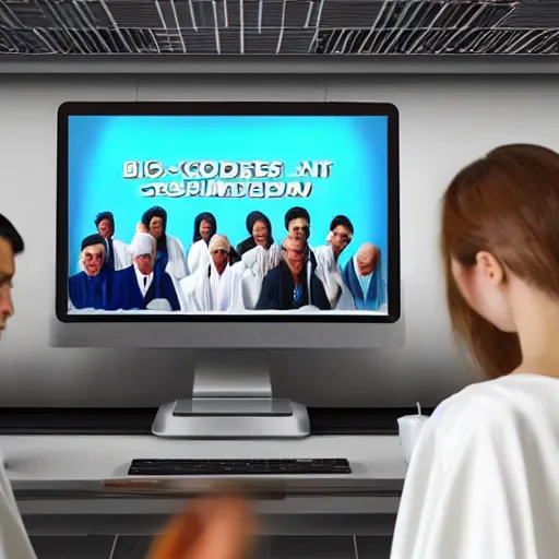 Image similar to “people in robes watching big brother on computer graphics conference 4K realistic”