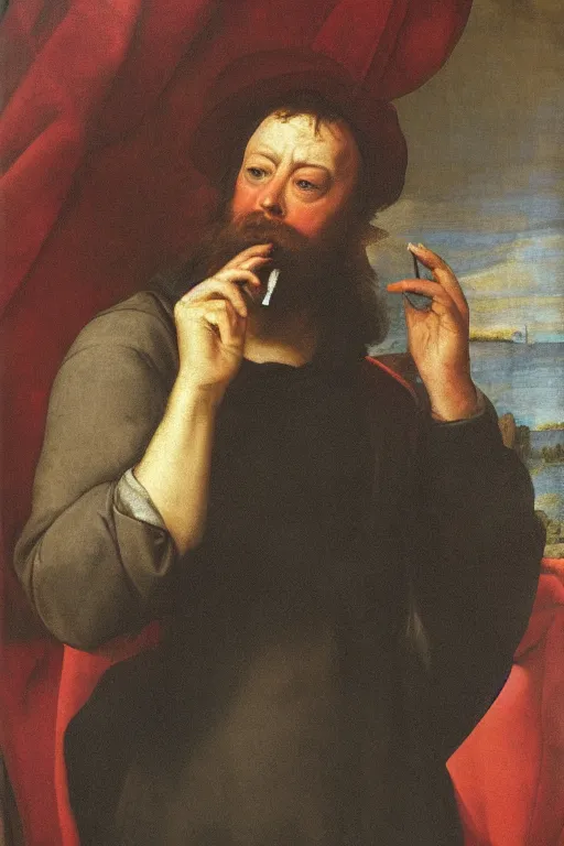 Image similar to Portrait of Christopher Hitchens smoking a cigarette by Raphael