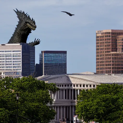 Image similar to madison wisconsin capital being attacked by godzilla ( 1 9 8 9 ) ( eos 5 ds r, iso 1 0 0, f / 8, 1 / 1 2 5, 8 4 mm, postprocessed, bokeh )