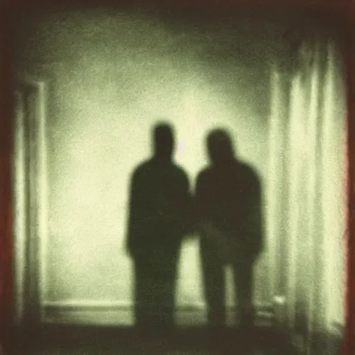 Image similar to two shadowy demons shaking hands and looking at the camera, horror, nightmare, terrifying, surreal, nightmare fuel, old polaroid, blurry, expired film, lost footage, found footage,