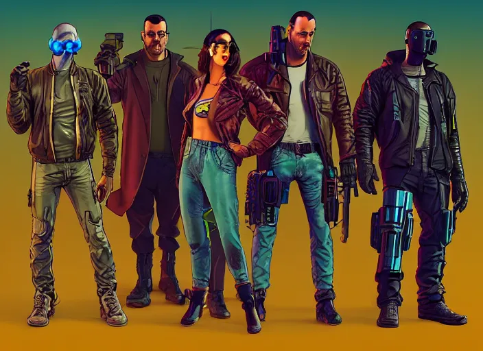 Prompt: cyberpunk heist team. portrait by stonehouse and mœbius and will eisner and gil elvgren and pixar. character design. realistic proportions. cyberpunk 2 0 7 7 character art, blade runner 2 0 4 9 concept art. cel shading. attractive face. thick lines. the team. diverse characters. shadowrun.