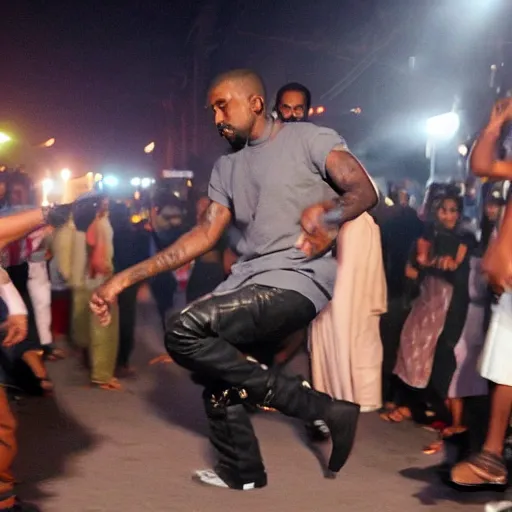 Image similar to photograph of Kanye West dancing in a street of Dhaka