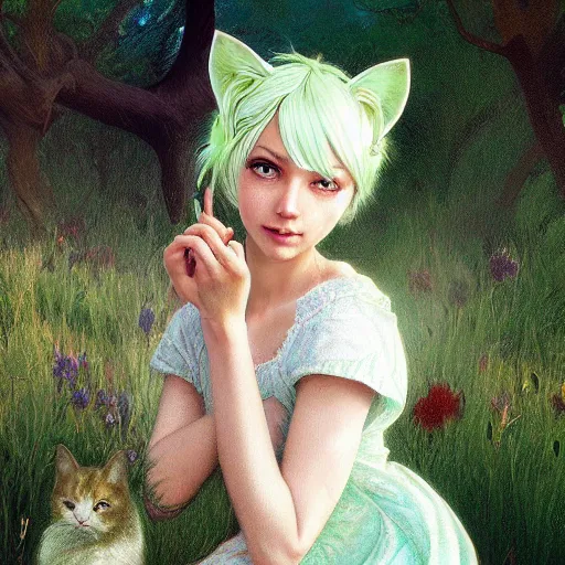 Image similar to ultra realistic illustration, dream girl with white hair, with light green eyes, with cat ears, in a sundress, intricate, elegant, highly detailed, digital painting, artstation, concept art, smooth, sharp focus, illustration, art by artgerm and greg rutkowski and alphonse mucha